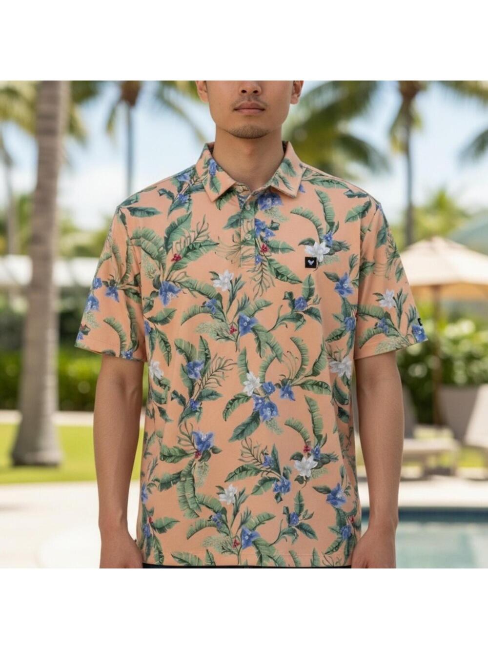 Bad Birdie Tropical Floral Polo Shirt - Peach and Green Men’s Size M
